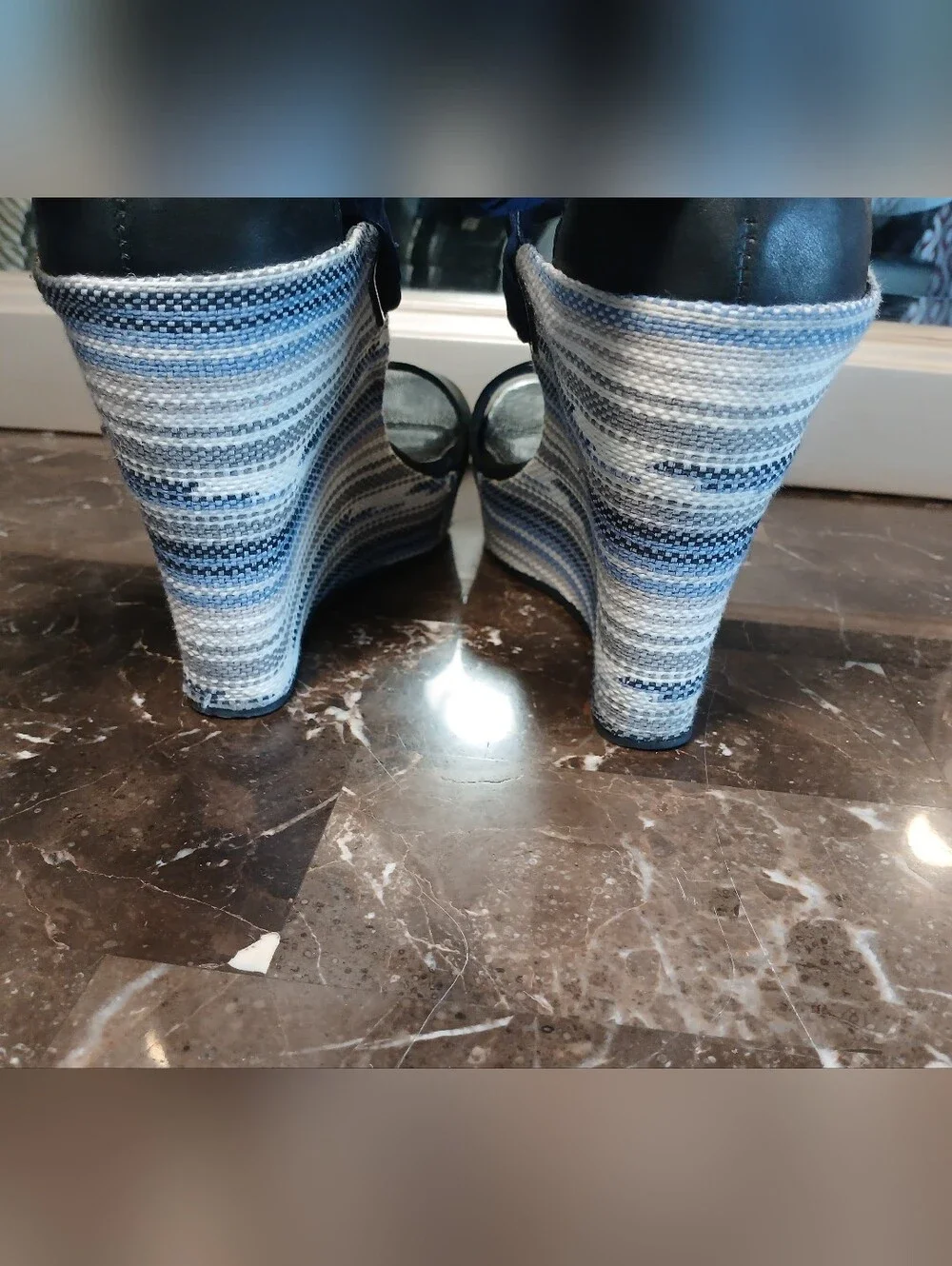 UGG Blue and White Striped Wedge Sandals with Navy Ankle Tie